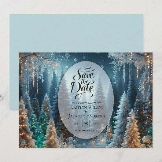 Frosted Pines in Winter Glow Wedding Save The Date (Voorkant / Achterkant)
