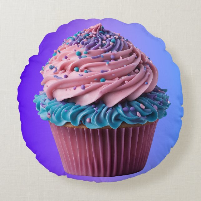 Frosted Pink and Blue Cupcake Rond Kussen (Voorkant)
