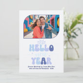 Frosted Sky Hello New Year Blue Retro Photo Feestdagenkaart (Staand voorkant)