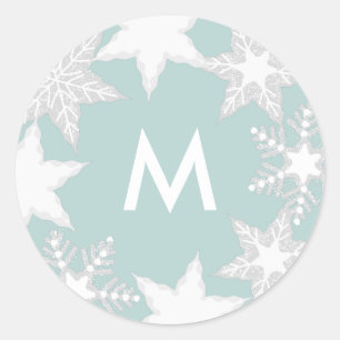 Frosted Sneeuwvlokken Lichtblauw Monogram Vakantie Ronde Sticker