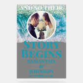 Frosted verhaal begint Beach Wedding Welkom Acryl Bord (Voorkant)