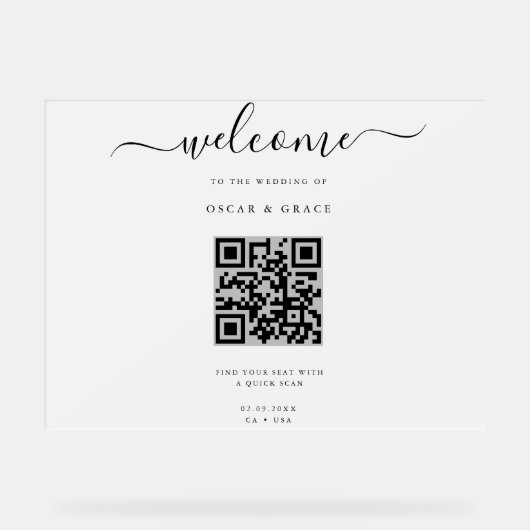 Frosted Welkomstbruiloft Zitplaatsen met QR-code Acryl Bord (Voorkant)