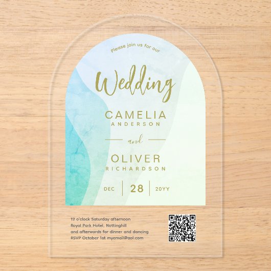 Frosted Zee Glass Abstracte QR-code RSVP Modern Acryl Uitnodigingen (Voorkant)