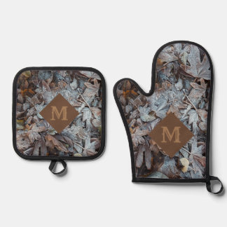 Frosty Autumn Leaves Monogram Ovenwant & Pannenlap Set