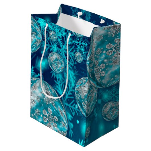 Frosty Blue Snowflake Bubbles Holiday Medium Cadeauzakje (Achterkant Gekanteld)