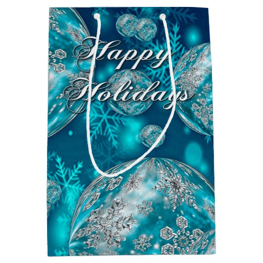 Frosty Blue Snowflake Bubbles Holiday Medium Cadeauzakje (Voorkant)