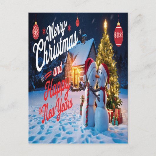 Frosty Friends: Sneeuwman en Kerstboom Dans Briefkaart (Voorkant)