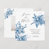 Frosty Grey Blue Floral Wedding Save The Date (Voorkant / Achterkant)