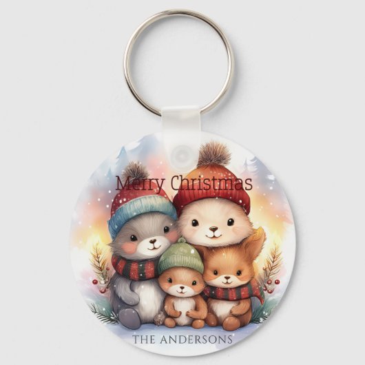 Frosty Woodland Family Personalize Merry Christmas Sleutelhanger (Voorkant)