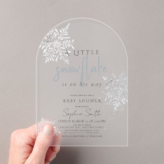 Frozen Winter Silver Snowflake Boy Baby shower Acryl Uitnodigingen (Insitu (Draagbaar))