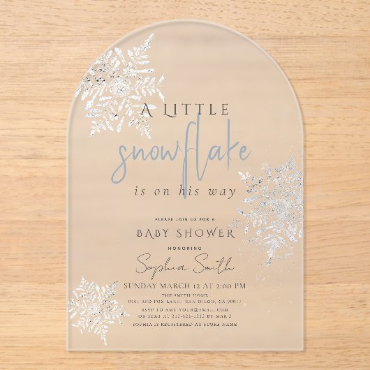 Frozen Winter Silver Snowflake Boy Baby shower Acryl Uitnodigingen (Voorkant)