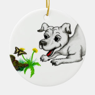 Frühlingserwachen, Welpe mit Schmetterling Keramisch Ornament