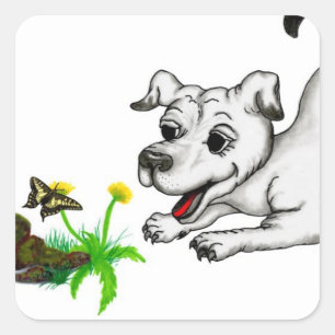 Frühlingserwachen, Welpe mit Schmetterling Vierkante Sticker