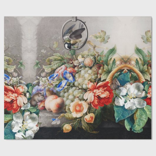 FRUIT, BLOEMEN, DRUIVEN, PERZIKEN EN KLEINE VOGELS CADEAUPAPIER (Vlak)