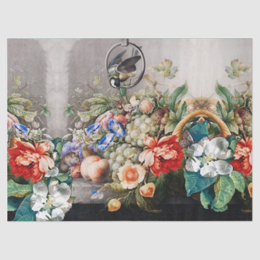 FRUIT, BLOEMEN, DRUIVEN, PERZIKEN EN KLEINE VOGELS TISSUEPAPIER (Voorkant)