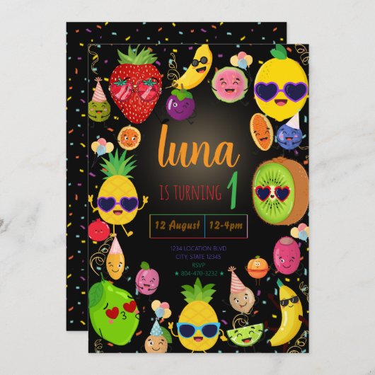 Fruit capricieux Invitation d'anniversaire (Devant / Derrière)