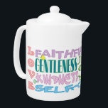 Fruit de l'Esprit Teapot<br><div class="desc">Une jolie théière de design typographique avec la liste des Fruits de l'Esprit Saint des Galations 5:22-23 en couleurs douces accentuées de papillons et de détails floraux. Tasse correspondante disponible !</div>