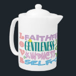 Fruit de l'Esprit Teapot<br><div class="desc">Une jolie théière de design typographique avec la liste des Fruits de l'Esprit Saint des Galations 5:22-23 en couleurs douces accentuées de papillons et de détails floraux. Tasse correspondante disponible !</div>