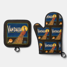  Fruit Label Sinaasappels op zwart Ovenwant & Pannenlap Set