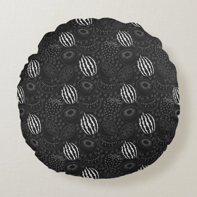 Fruit seamless pattern black and white Tropical Rond Kussen (Voorkant)