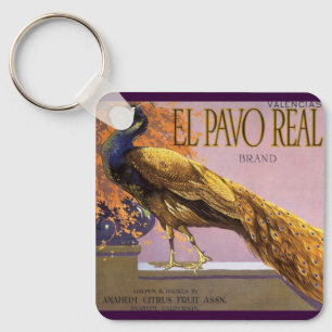  fruitkrattenlabel Art El Pavo Peacock Bird Sleutelhanger