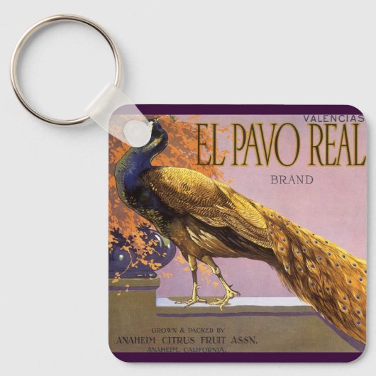  fruitkrattenlabel Art El Pavo Peacock Bird Sleutelhanger (Voorkant)