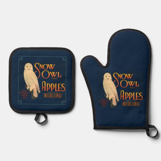 fruitlabel Appels Uil op blauw Ovenwant & Pannenlap Set (Voorkant)