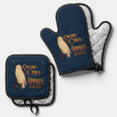  fruitlabel Appels Uil op blauw Ovenwant & Pannenlap Set (Voorkant / Achterkant)