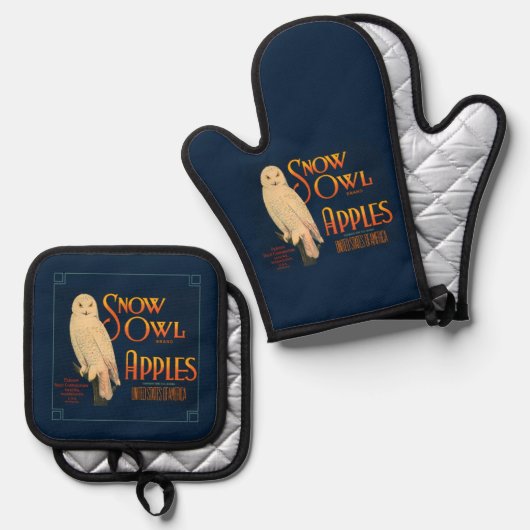 fruitlabel Appels Uil op blauw Ovenwant & Pannenlap Set (Voorkant / Achterkant)