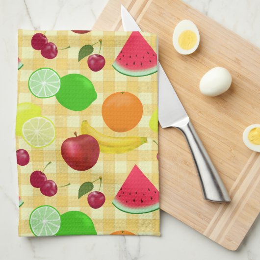 Fruity fruits Yellow Gingham Checkute Theedoek (Quarter Fold)