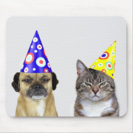 Frustrierter Hund und Katze mit Partyhütchen Muismat