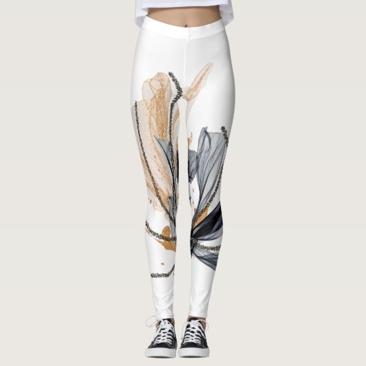 Fstromende Floral Design Leggings zwarte en gouden (Voorkant)