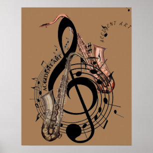 Fstromende Muzieksymbolen met saxofoons op een Poster