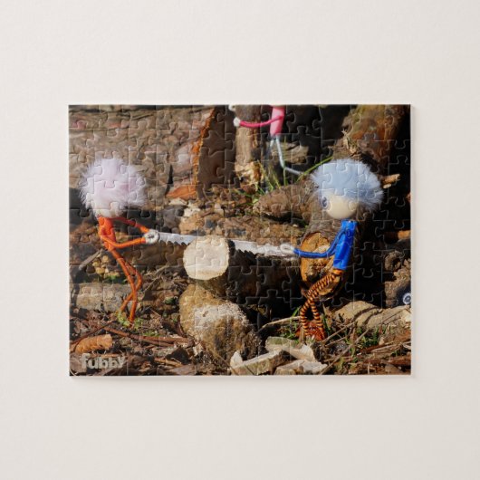 Fubby's die hout zagen. legpuzzel (Horizontaal)
