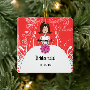 Fuchsia and Coral Wedding Brown Hair Bridesmaid Keramisch Ornament