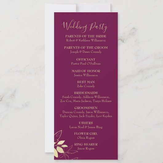 Fuchsia and Gold Foliage Botanical Wedding Program (Achterkant)