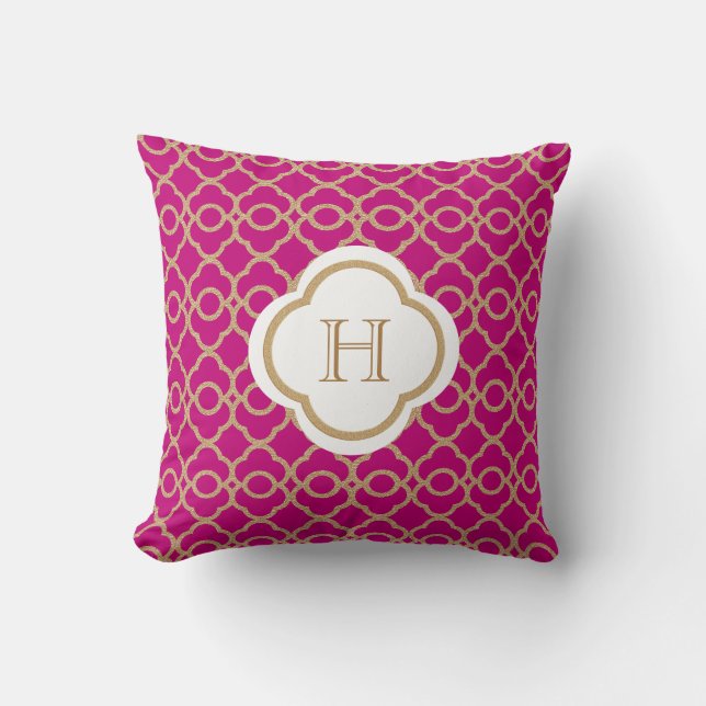 Fuchsia and Gold Moroccan Monogram Kussen (Voorkant)