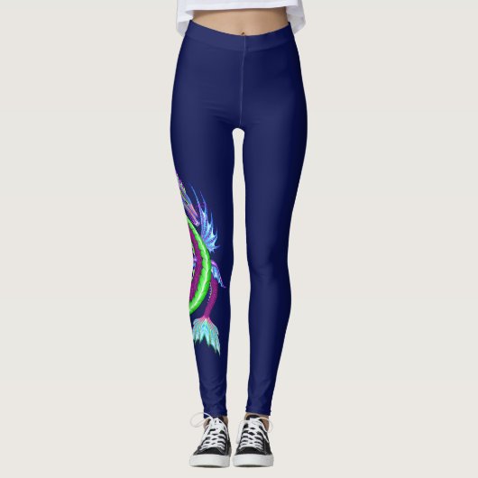 Fuchsia and Green Water Dragon on Dark Blue Leggings (Voorkant)