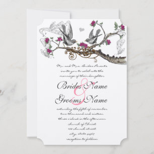 Fuchsia and Grey Birds Wedding Invite Kaart