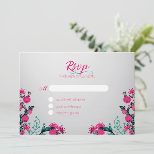 Fuchsia and Turquoise Wedding Rsvp Kaart (Staand voorkant)