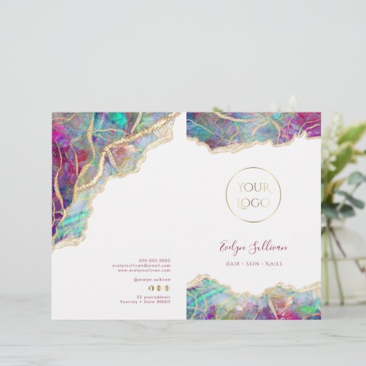 Fuchsia aquamarijn opaal service menu brochure (Staand voorkant)