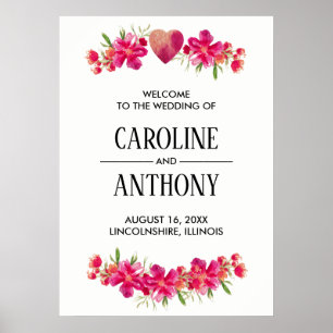 Fuchsia Aquarelle Floral Mariage Affiche de bienve