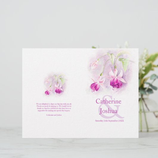 Fuchsia aquarelle rose violet programme de mariage (Debout devant)