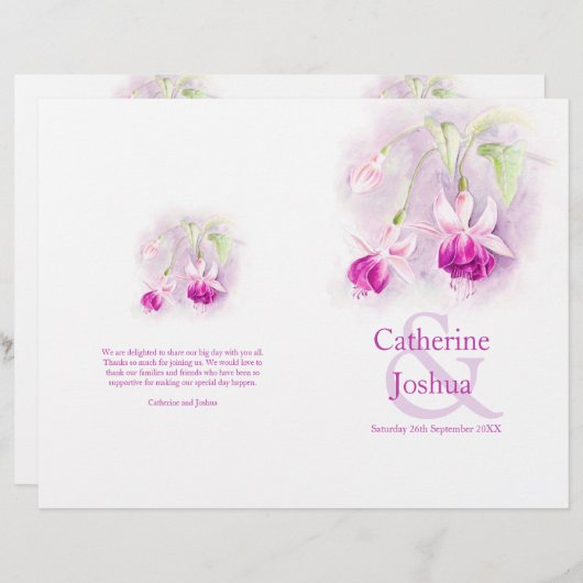Fuchsia aquarelle rose violet programme de mariage (Devant / Derrière)