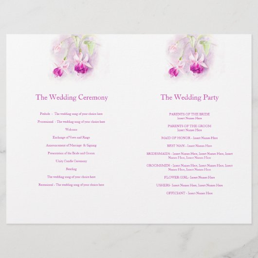 Fuchsia aquarelle rose violet programme de mariage (Dos)
