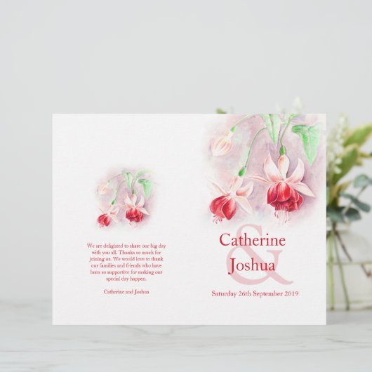 Fuchsia aquarelle rouge rose programme de mariage (Debout devant)