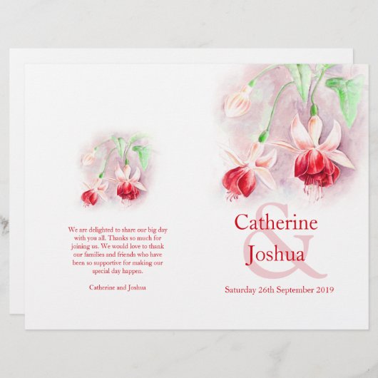 Fuchsia aquarelle rouge rose programme de mariage (Devant / Derrière)