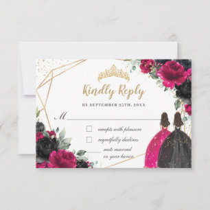 Fuchsia Black Floral Twins Quinceañera XV Beantwoo RSVP Kaartje