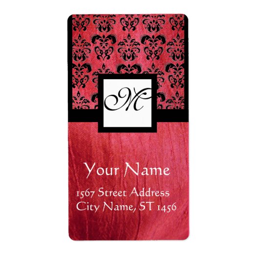 FUCHSIA BLACK PINK SILK DAMASK, SQUARE MONOGRAM ETIKET (Voorkant)