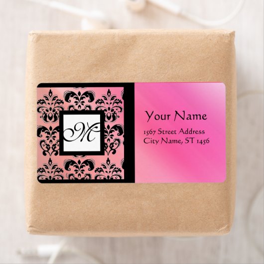 FUCHSIA BLACK PINK SILK DAMASK, SQUARE MONOGRAM ETIKET (Insitu)